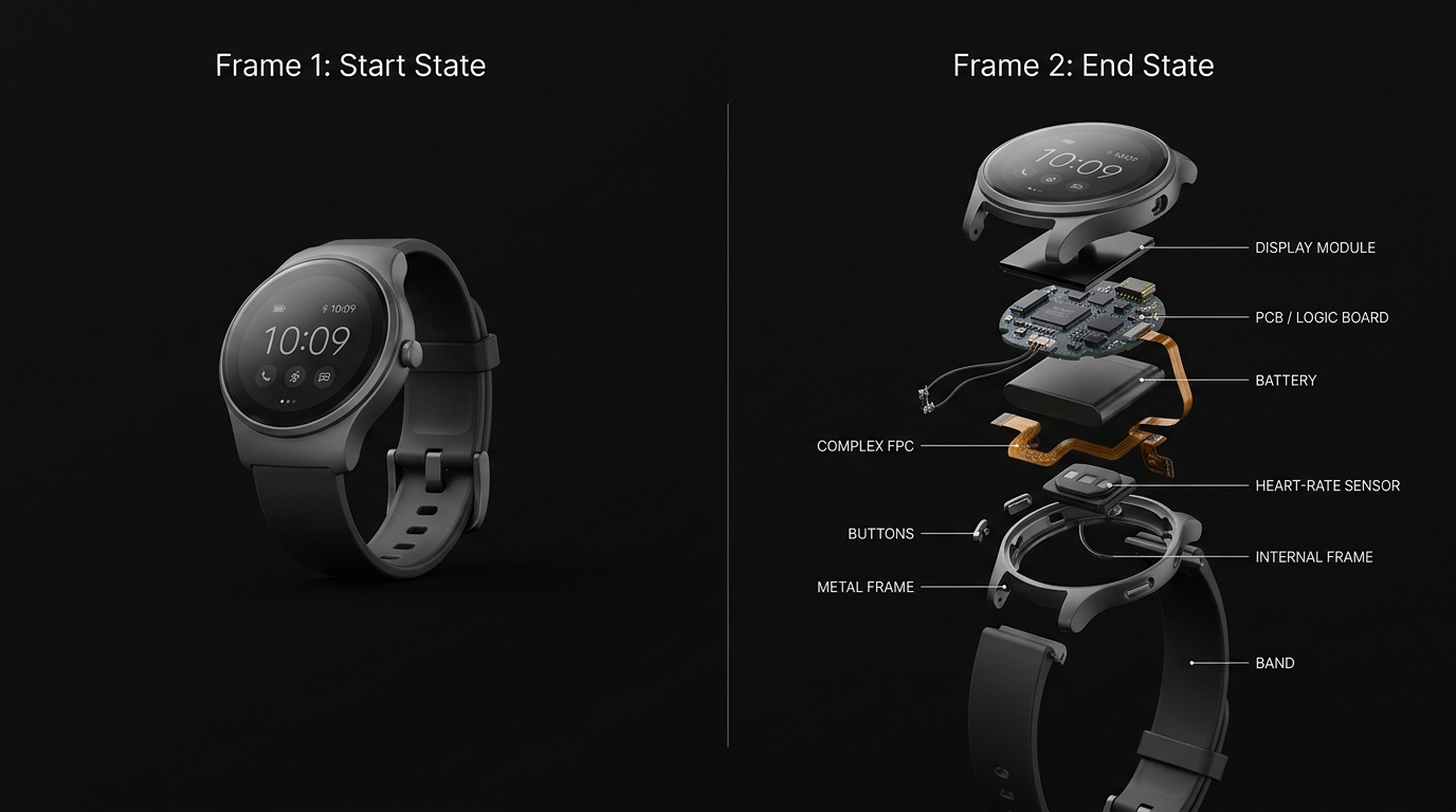 Frame 1 start state vs Frame 2 end state exploded view